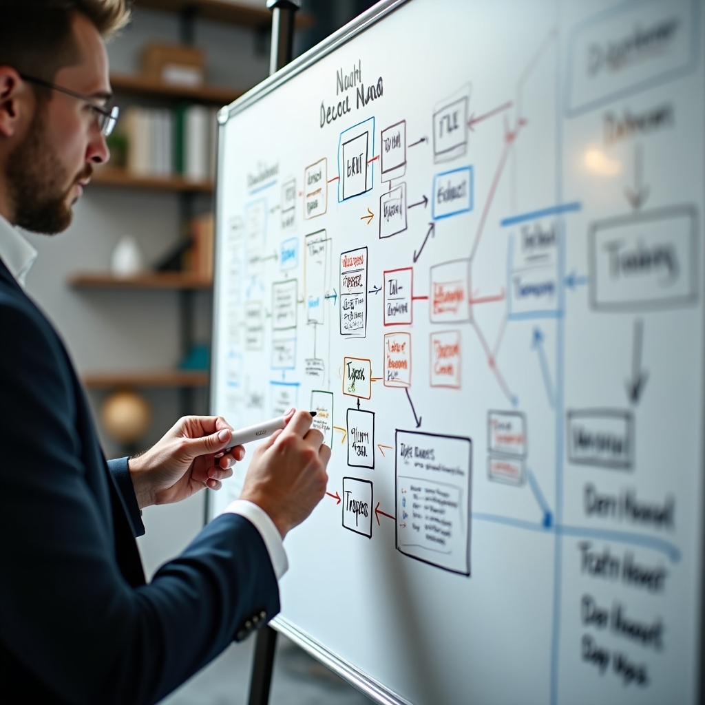 Diagramă de flux date pe tablă albă, ședință de planificare sistem de raportare
