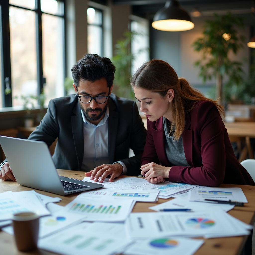 Echipă de consultanți analizând date de raportare pe ecrane multiple